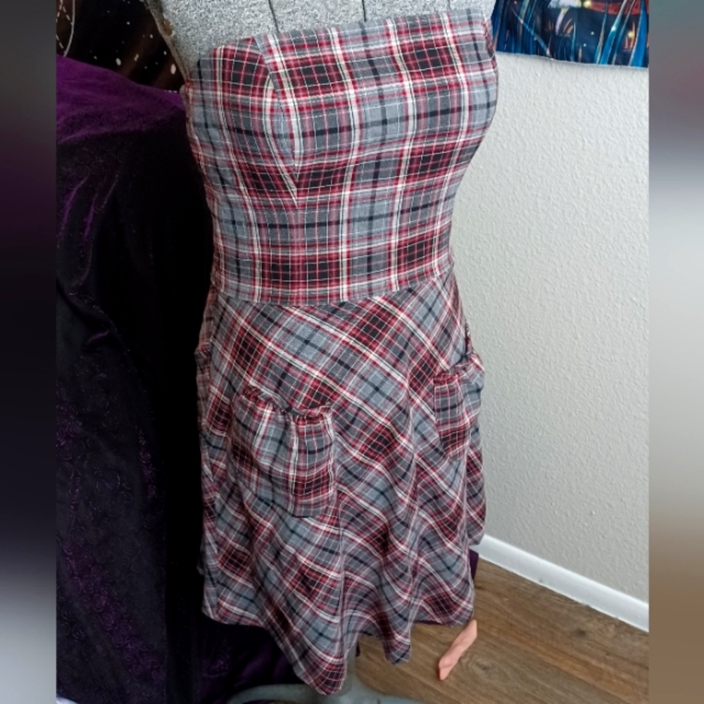 Red Grey Plaid Strapless Dress